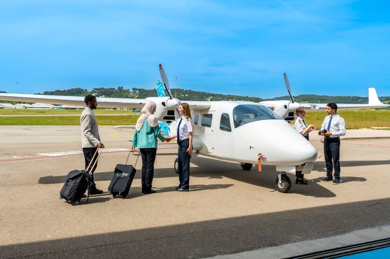 Business professionals boarding private aircraft