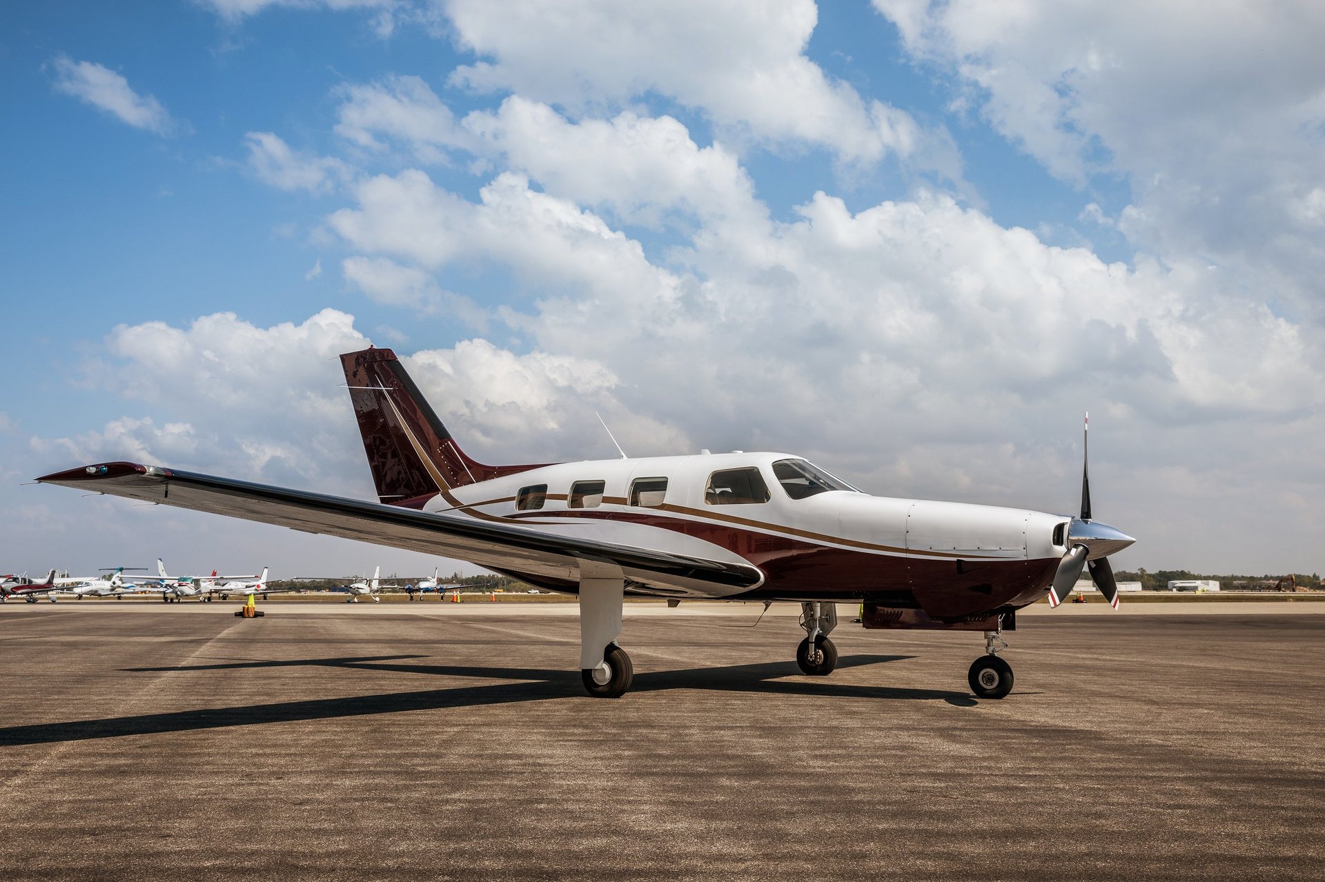 Private small single piston aircraft on airport runway on a sunny day in Fort Myers, Florida